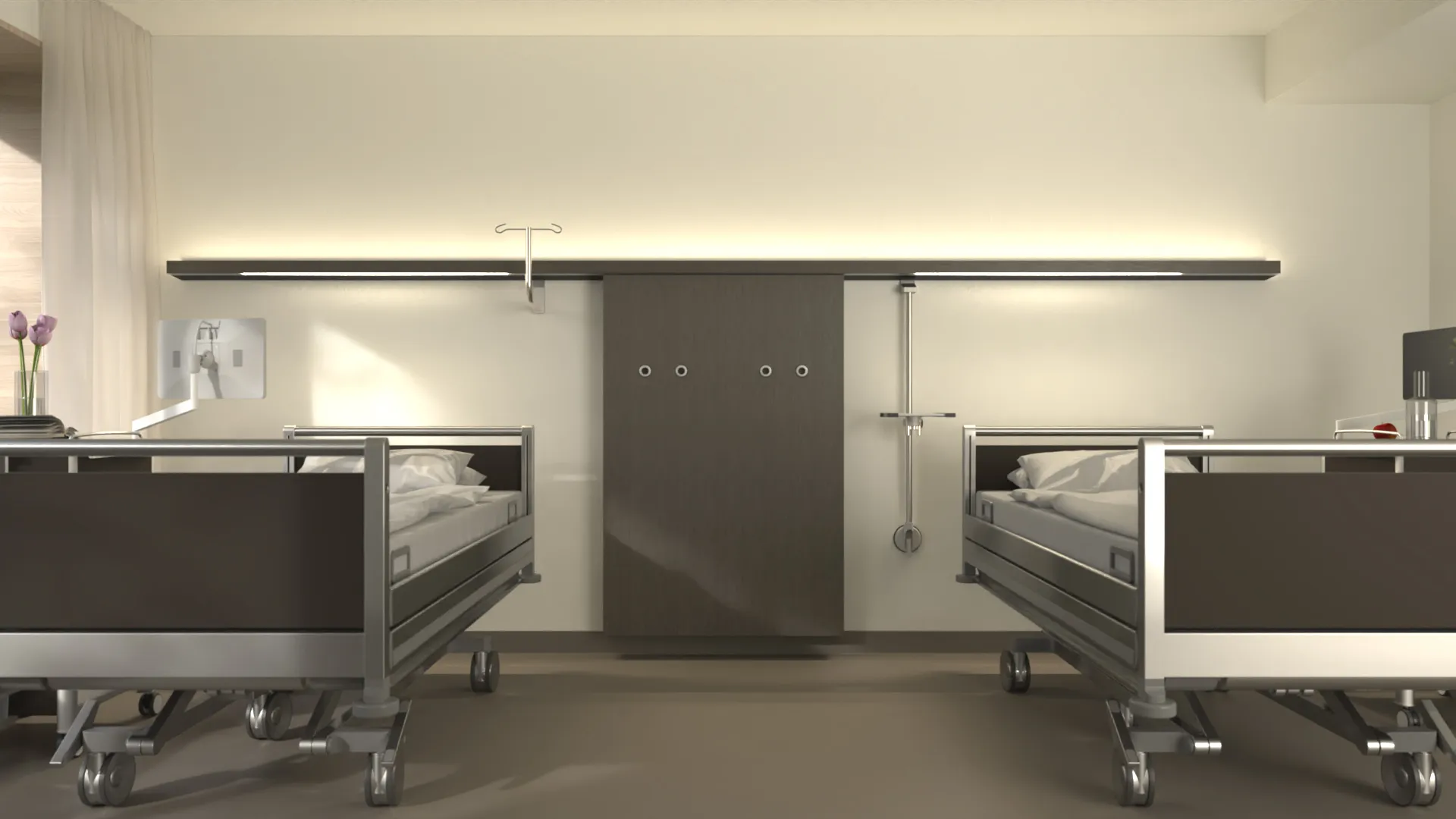 Two hospital beds with metal frames stand to the left and right against a wall with a continuous luminaire above them